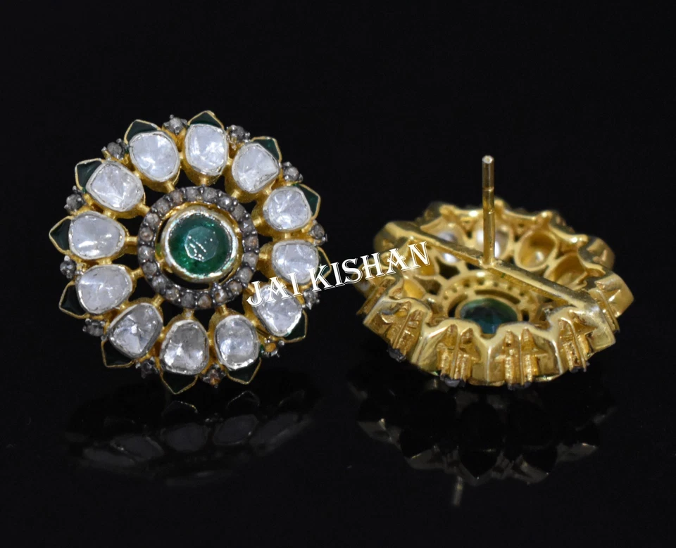 Smaragd Edelstein Polki Pave Diamant 925 Sterlingsilber Grüner Emaille Ohrring - Bild 2 von 4