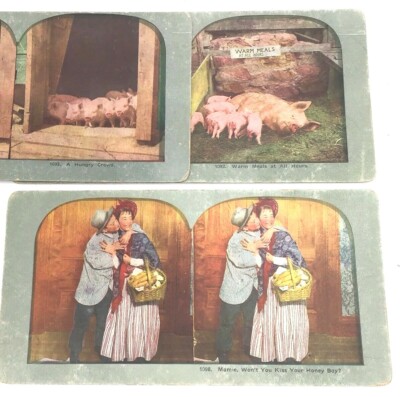 3 COLOR STEREOVIEWs c1906 WARM MEALS & HUNGRY CROWD, MAMIE KISS YOUR HONEY BOY 