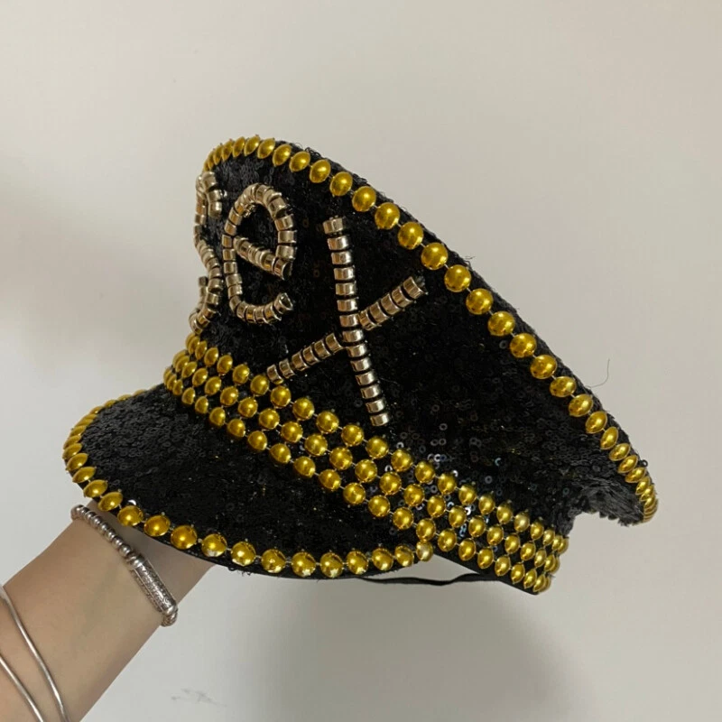Dama Cosplay Lentejuelas Ardiente Militar Sombrero Hecho a Mano Marinero Capitán Gorra Fiesta Sombrero Foto 2 de 4
