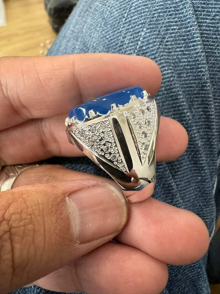 Natural Blue Chalcedony Gemstone Solid 18k White Gold Ring For Men SR3675 - Image 2 of 4