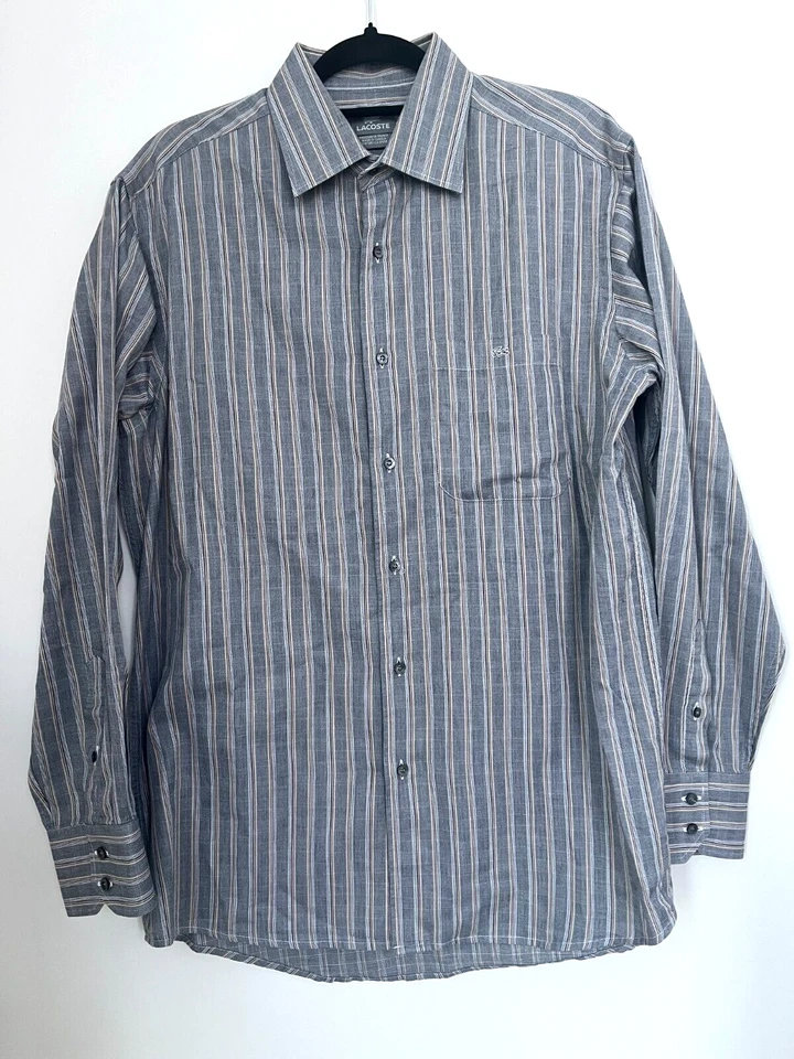 Camisa de vestir LACOSTE para hombre manga larga a rayas negra/gris/marrón con botones talla 42L Foto 4 de 4