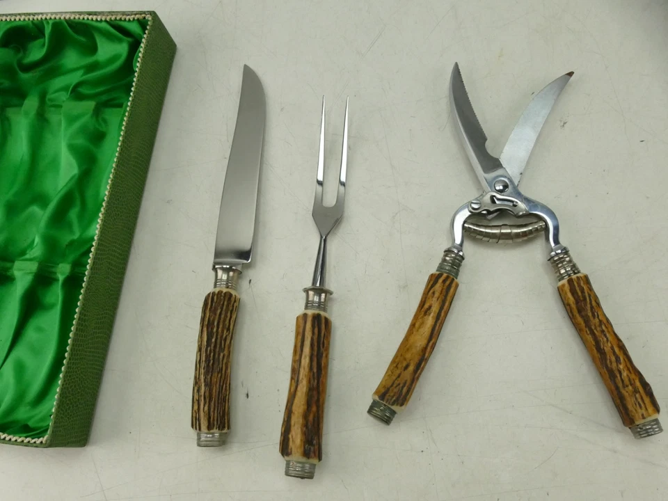 Jäger Messer Tranchierset Gabel Geflügelschere Horngriffe top Vintage Z-4594 - Bild 3 von 4
