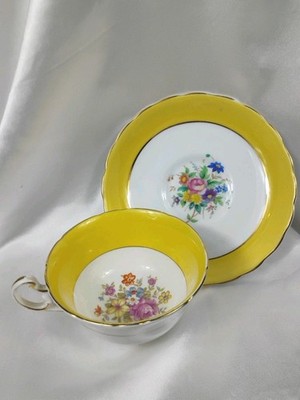 VINTAGE EB Foley 1850 Teacup Saucer Light Yellow Floral Bone China England