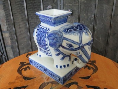 Vintage Chinoiserie Ceramic Blue White Elephant on Stand Vase
