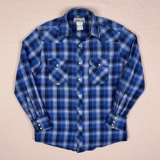 Vintage Wrangler Wrancher Pearl Snap Western Shirt Men S Blue Plaid Long Sleeve