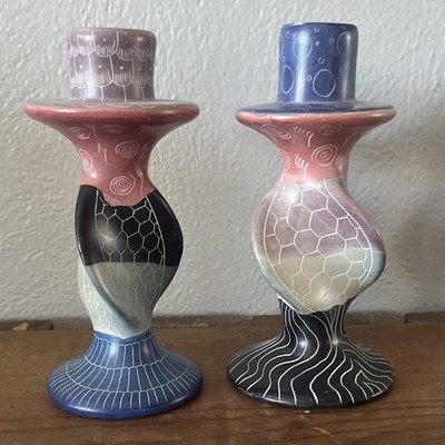 Handcrafted Ceramic Glossy Multicolor Decorative Candlesticks Pair Kenya