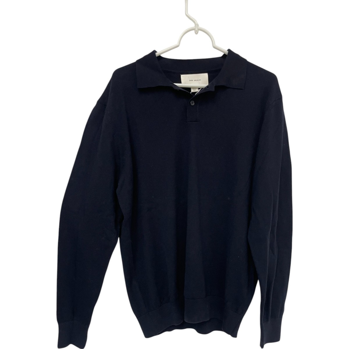 Zara Origins Mens Polo Shirt Sweater L Navy Blue Merino Wool Knit