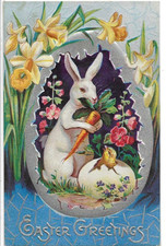 ANTIQUE EMBOSSED EASTER Postcard BUNNY IN EGGSHELL, HOLDING CARROT, CHICK