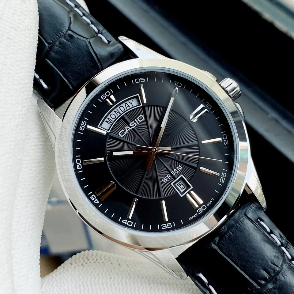 CASIO MTP-1381L-1AVDF OROLOGIO UOMO PELLE NERO DAY-DATE DATARIO 38mm SOTTOCOSTO - Immagine 2 di 4