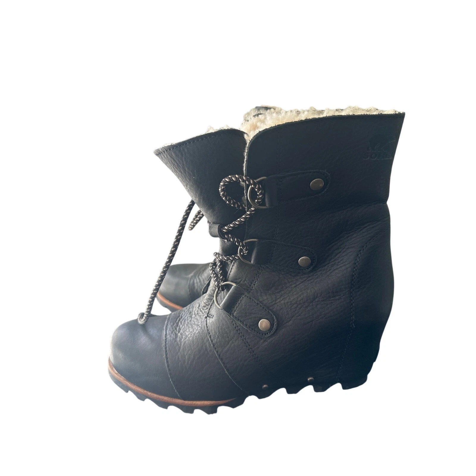 SOREL Boots Joan of Arctic Womens 9 Mid Wedge Shearling Black Snow Winter N