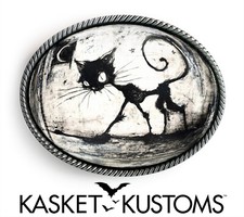 Black Cat Belt Buckle - Halloween Horror Handmade Silver Oval Buckle