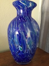 Vintage Clear Cased Blue Turquoise Swirl Splatter Art Glass Vase 8 Tall