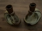 VINTAGE FRANKOMA POTTERY 305  GREEN BROWN 5” CANDLESTICK CANDLE HOLDERS