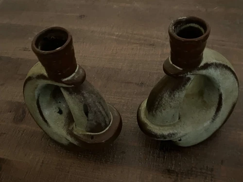 VINTAGE FRANKOMA POTTERY 305  GREEN BROWN 5” CANDLESTICK CANDLE HOLDERS