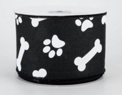 Black Wired 2.5'' Ribbon White Paw Print Dog Bone Pet Paws Bones Pawprint by Yard