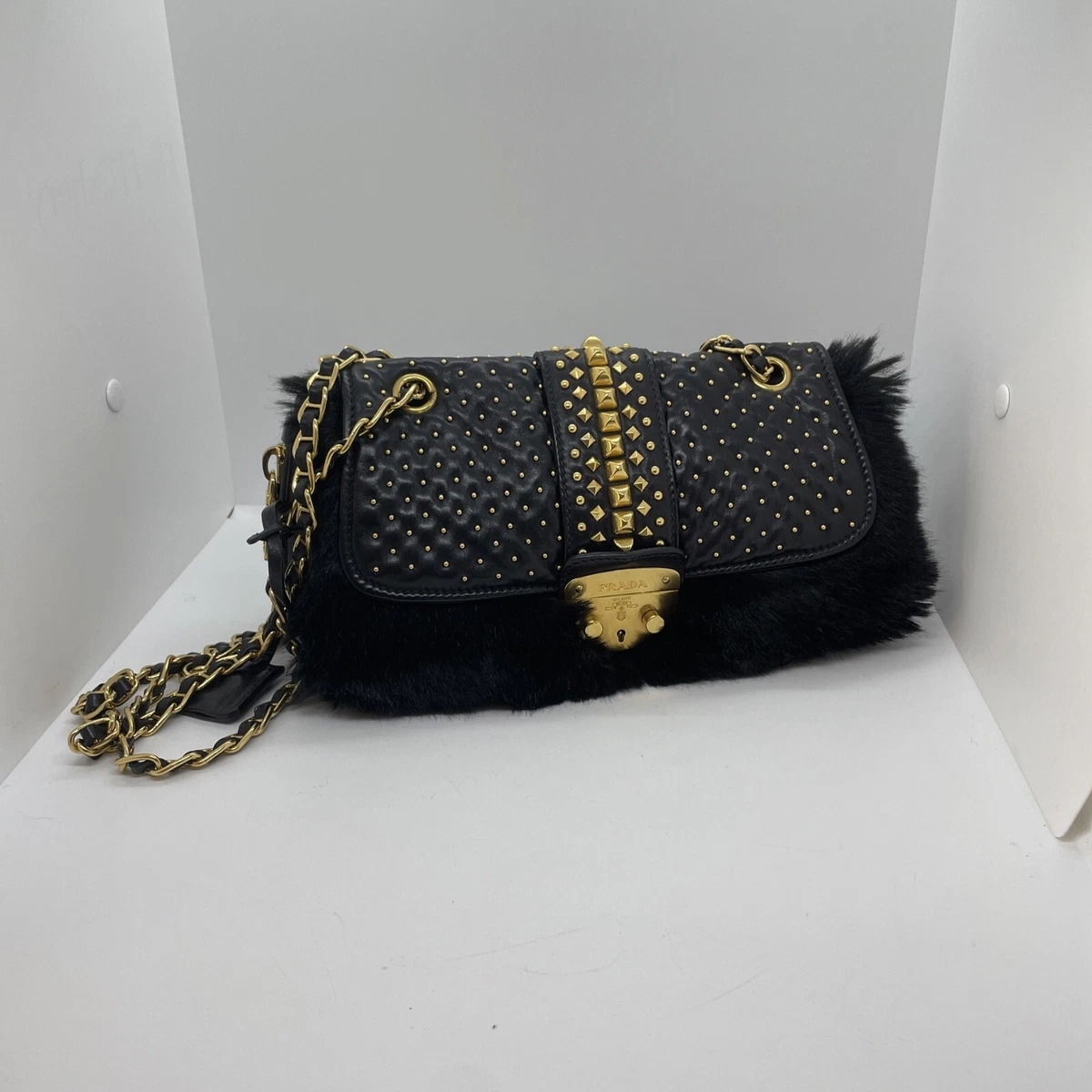 PRADA Arm Shoulder Bag Gold Chain Real Lambskin Fur Black