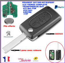 CLE VIERGE CE0523 CIRCUIT ID46 POUR PEUGEOT 207 308 308 SW 3 BOUTONS FSK 433MHZ 