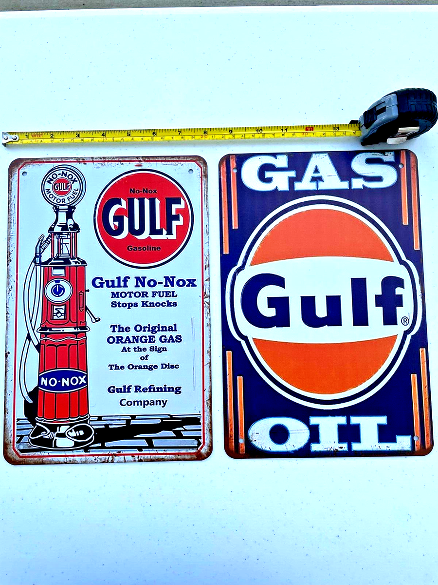 Gulf Oil Tin Sign Gulf Gasoline No-Nox Lube Motor Oil Logo Pump