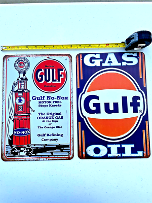 Gulf Oil Tin Sign Gulf Gasoline No-Nox Lube Motor Oil Logo Pump