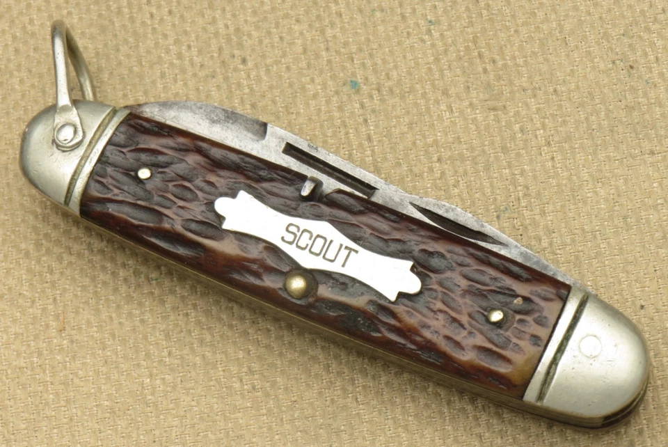 Antiguo NAVAJA CRISOL 1920 CO NY - Hecho para WT Grant - Scout Cuchillo Utilitario Hueso Foto 4 de 4