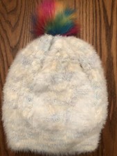 Winter Hat Rainbow Pom soft fleece lined. Blue/ivory Women/Girls
