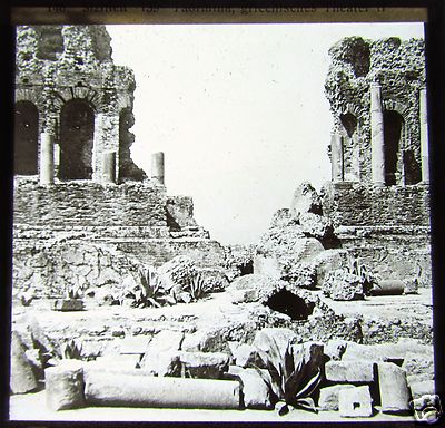 ROSCH Glas Zauber Laterne Dia TAORMINA RÖMISCHE RUINEN UM 1900 SIZILIEN ITALIEN 