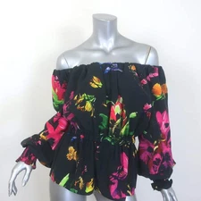 Prabal Gurung Off the Shoulder Blouson-Sleeve Top Black Floral Print Size 6