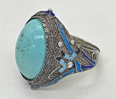 Antique Chinese Export Silver Vermeil Enamel Turquoise Basketweave Ring   Adj