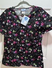 Scrub Top, Black Print, Woman's Size M Simply Basic 3 Pocket Poly/Cotton NWT
