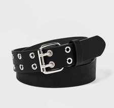 Leather belt Belt with Silver Grommets - art class  Black silver belt buckle M 