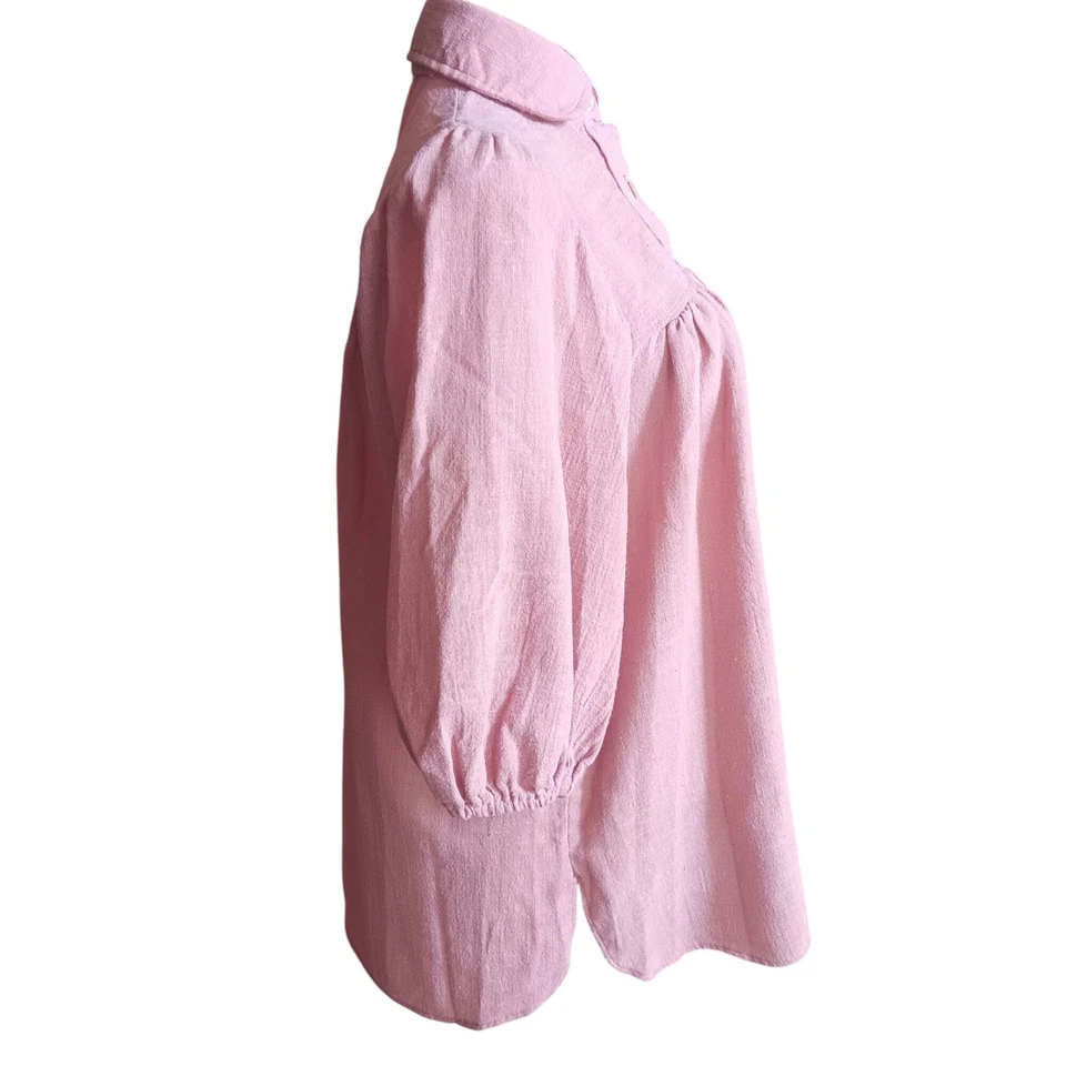 Blusa Campesina Pequeña Vintage Top Años 70 Boho Rosa Lino Mangas Abullonadas Galleta Foto 3 de 4