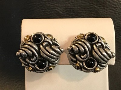 Vintage Two-Tone Pewter & Gold Tones FAHRENHEIT Clip Earrings w/ Black Onyx Cabs