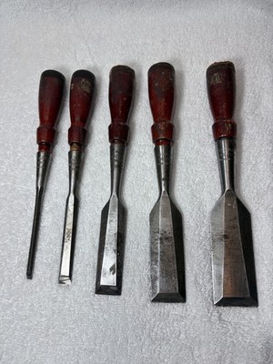 Vintage Stanley No 750 Socket Chisel 5 Pc Set   1/4'' to 1 - 1/2'' Red w/ wrap