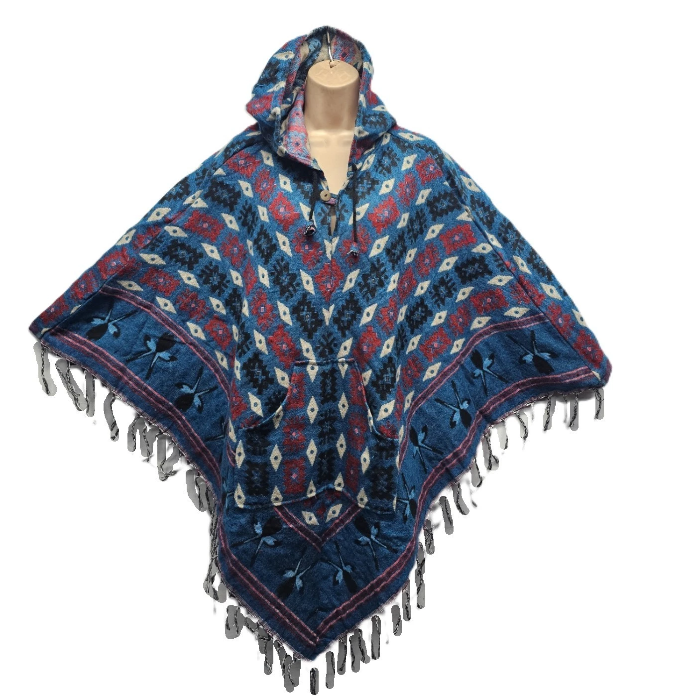 Geometric Print Hooded Acrylic Wool Hippy Festival Poncho Tassel Pocket S M L XL
