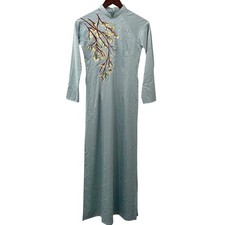 Cheongsam Silk Maxi Dress Blue Embroidered Floral Mandarin Collar XS S
