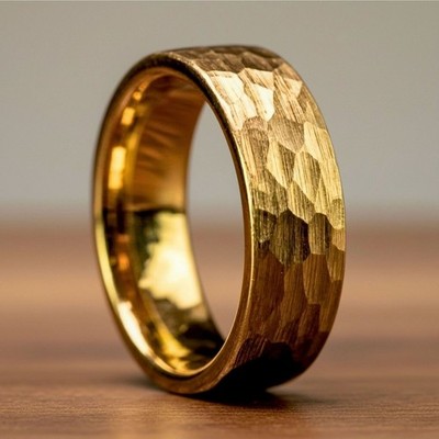 Hammered 18K Yellow Gold Wedding Ring Mens Tungsten Wedding Band 8mm Comfort Fit