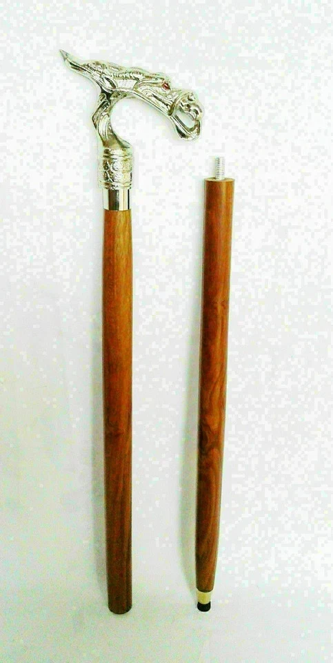 Bastón de Plata Mango de Dragón Varilla Marrón Bastón de Madera Antiguo Regalo Hombres Foto 2 de 2
