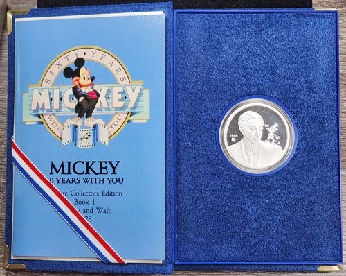 Proof Silver 1988 Disney Mickey & Walt 1928 1 oz Round w/ Box & COA