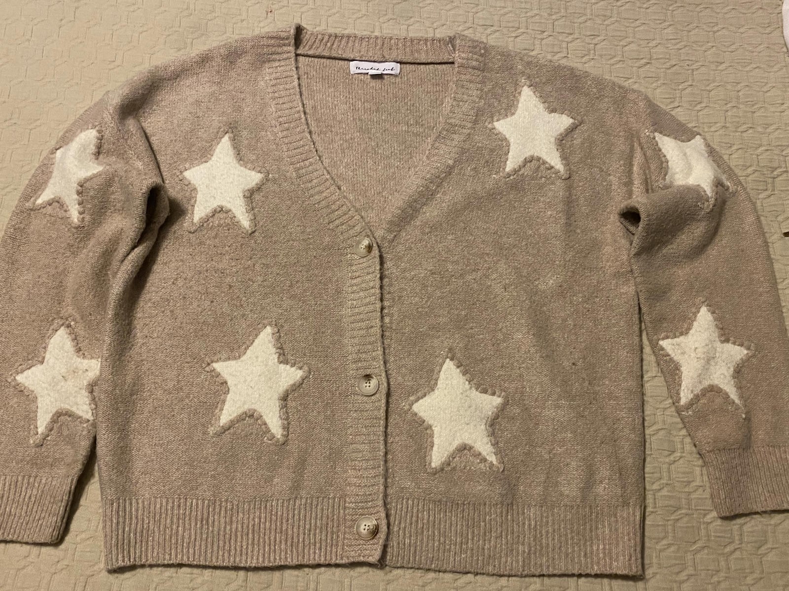 Threaded Leaf Beige Star Patterned Button-Up Card… - image 4