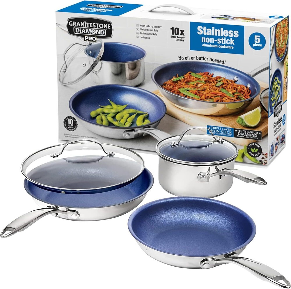 Blue 5 Pc Stainless Steel Cookware Set, Kitchen Pots and Pans Set Non Stick