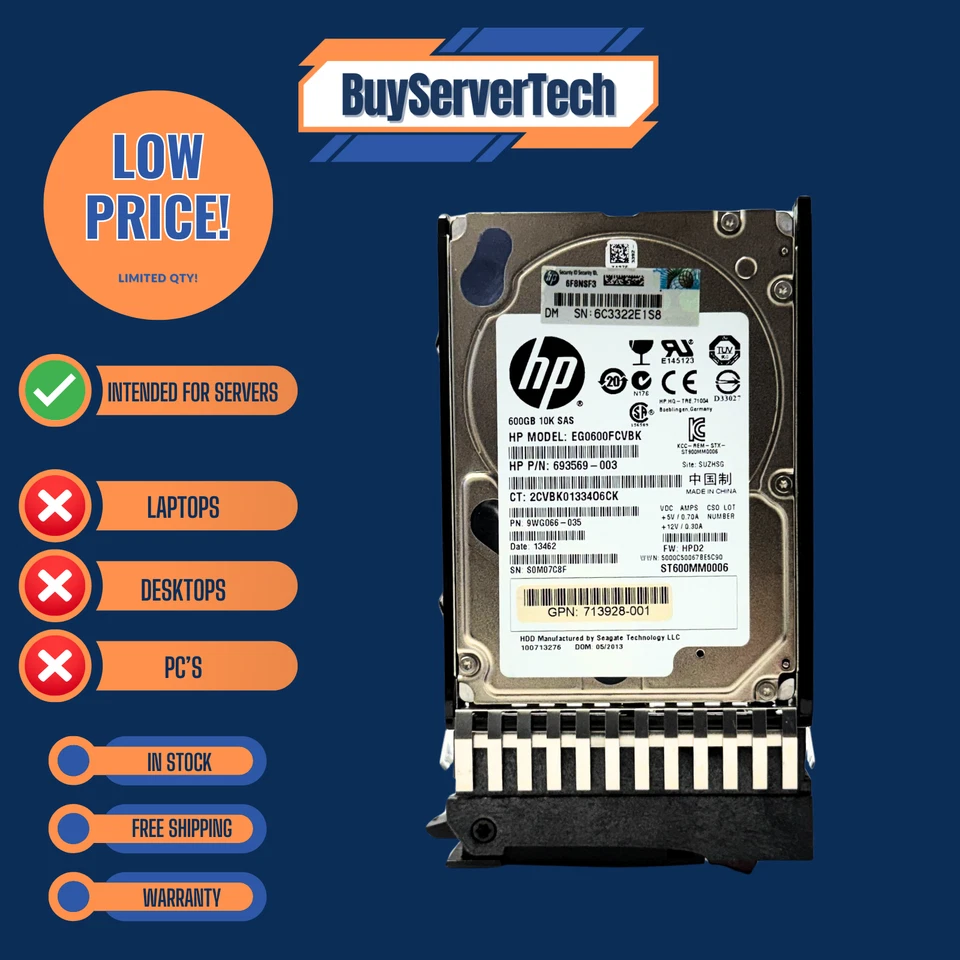 HP 581286-B21 600GB 10K SAS 2.5" 6Gb/s HDD 581311-001 ProLiant G5 G6 G7 Tray - Image 3 of 4