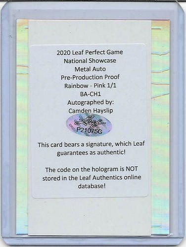 Camden Hayslip 2020 Leaf Perfect Game Auto SP #1/1 Metal Proof Rainbow - Picture 2 of 2