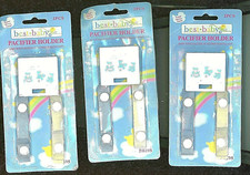 PACIFIER HOLDERS Baby Teether Rattle KEEPERS 3 Packages Blue and Yellow Ribbons