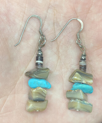 Native American Turquoise Agate & Shell Dangle Hook Earrings