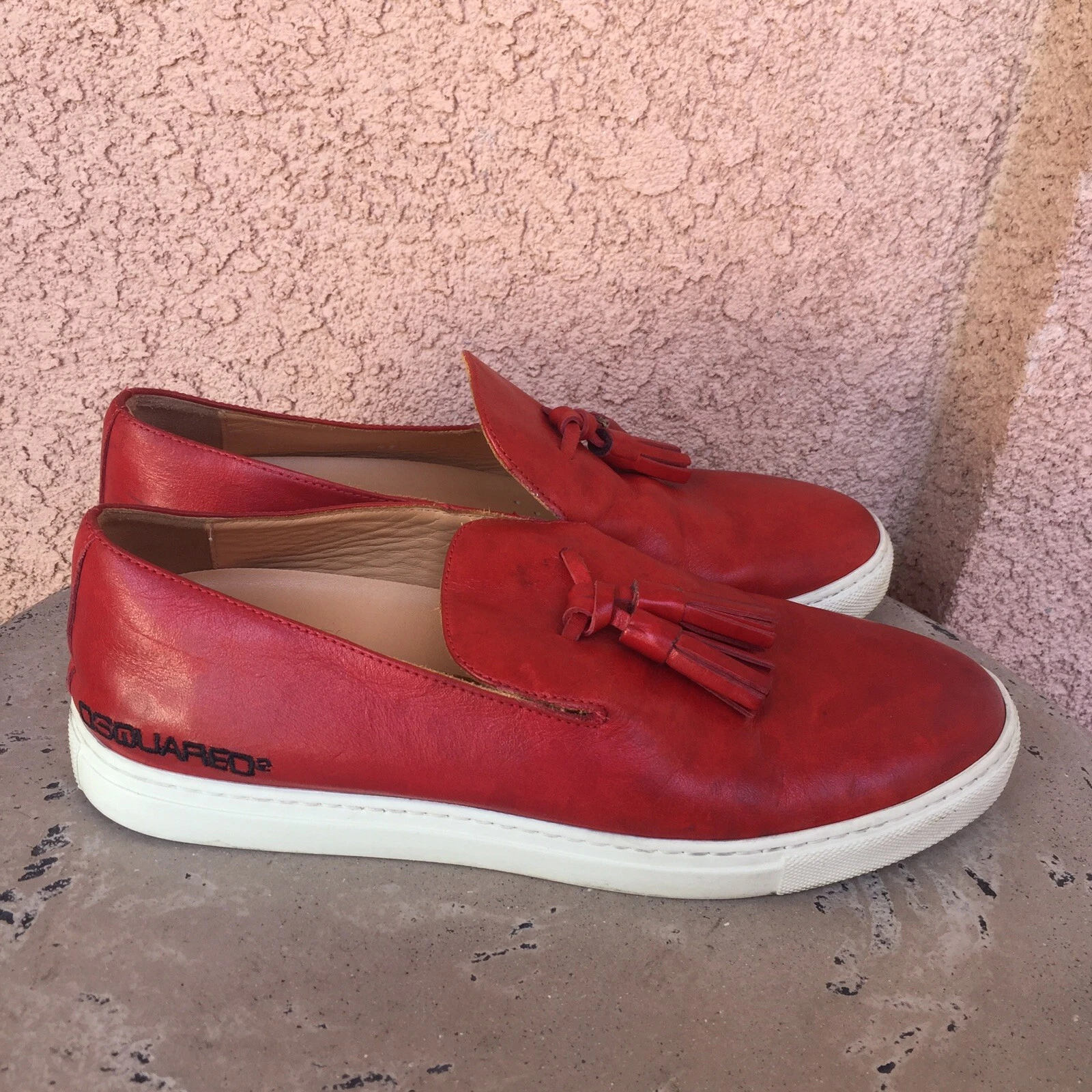 Mocassini da uomo Dsquared2 in pelle taglia 41 US 8 5 rossi slip on nappa kiltie