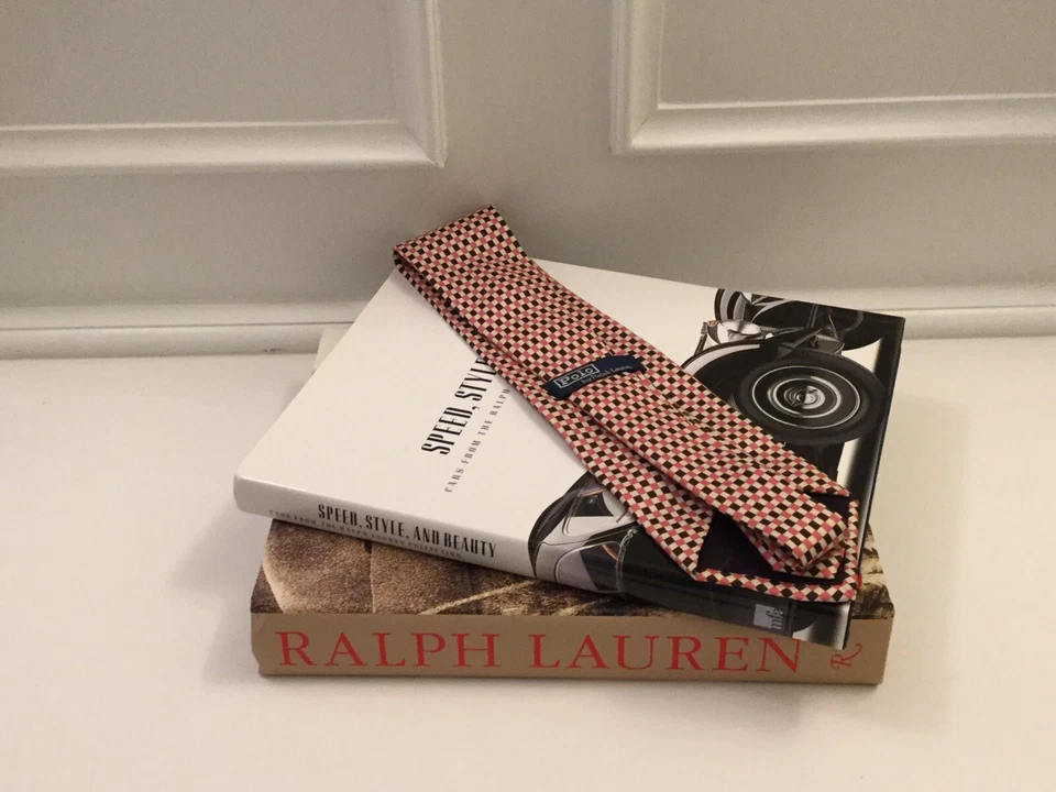 Polo Ralph Lauren 领带棕色带奶油色粉色几何方形 100% 真丝手工制作 — 第 4/4 张图片