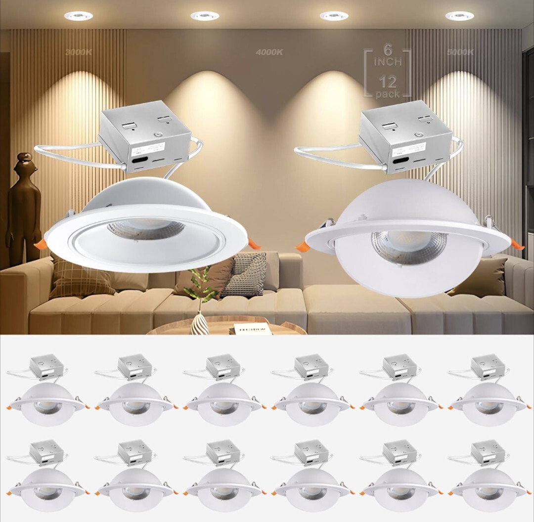 12 Pack 6 Inch Gimbal Recessed Lighting, 3CCT LED Downlight W/ Lens