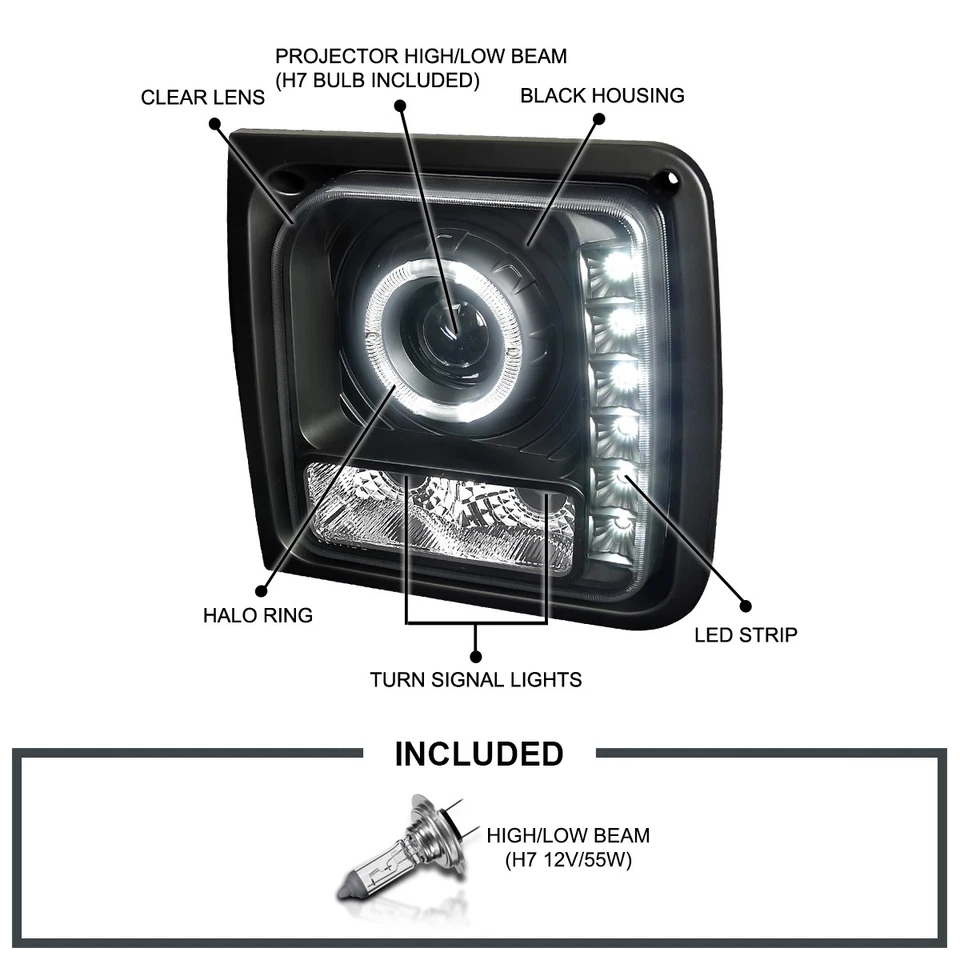 Black Fits 1997-2001 Jeep Cherokee LED Strip Projector Headlights Lamps 97-01 - Imagem 3 de 4