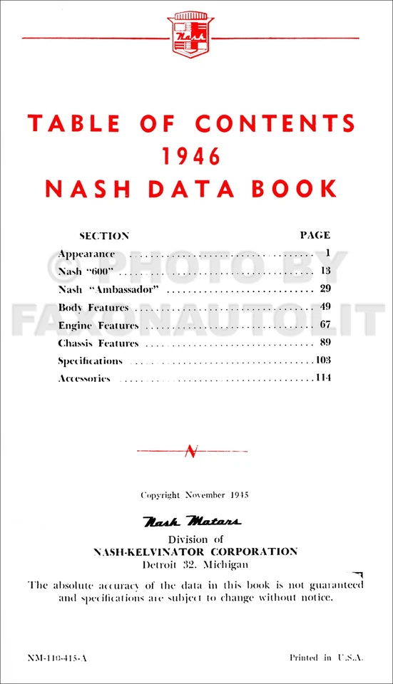 Nash Data Book 1946 - Opciones Especificaciones Accesorios Foto 2 de 2