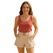 NEW POL Small All Cotton Striped Shorts High Rise Belted Cuffed Coastal Beach